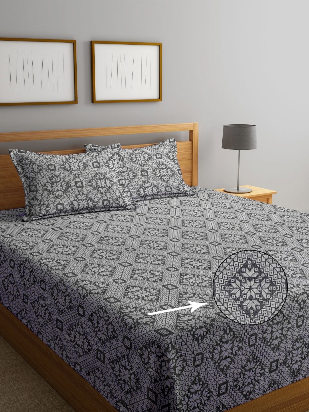 

KLOTTHE Grey & Black Floral Pure Cotton King Size Bedcover With 2 Pillow Covers