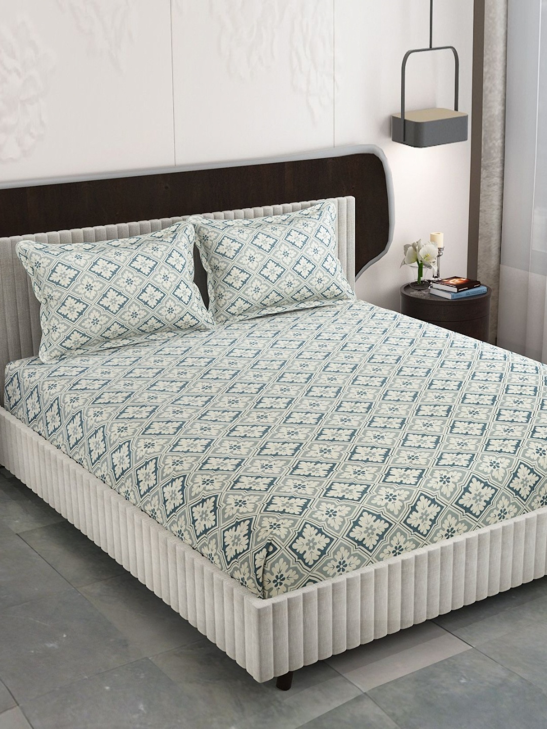 

FINE TEX WORLD Cream-Coloured Printed 210TC Microfiber King Fitted Bedsheet & PillowCover, Grey