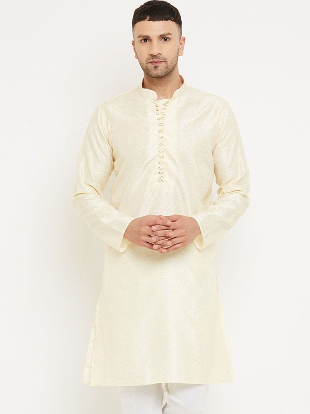 

Armaan Ethnic Floral Woven Design Mandarin Collar Thread Work Straight Kurta, Off white