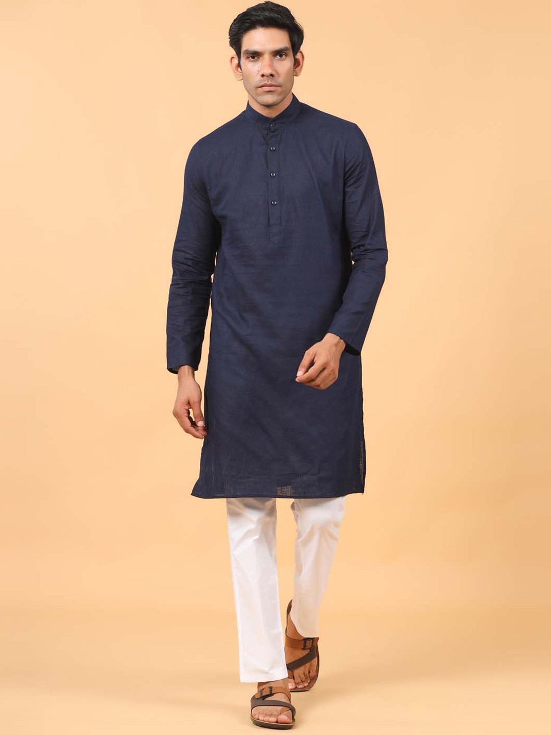 

Tistabene Mandarin Collar Long Sleeves Linen Straight Kurta, Blue