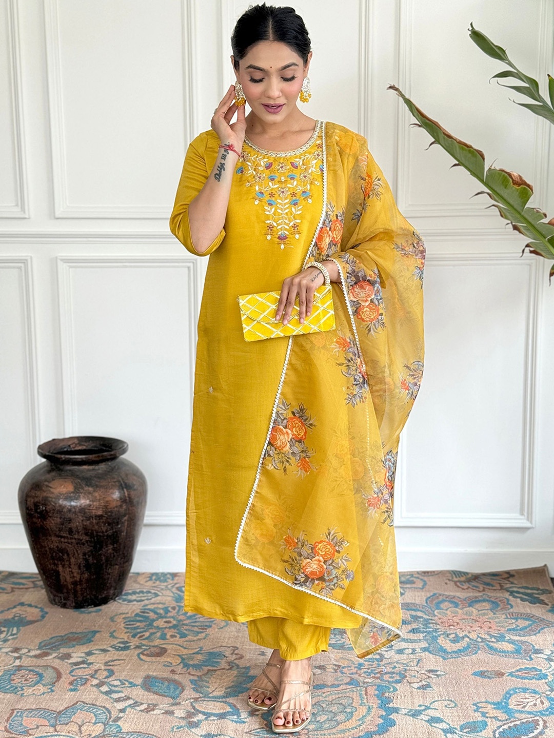 

KALINI Ethnic Motifs Embroidered Chanderi Silk Straight Kurta With Trousers & Dupatta, Yellow