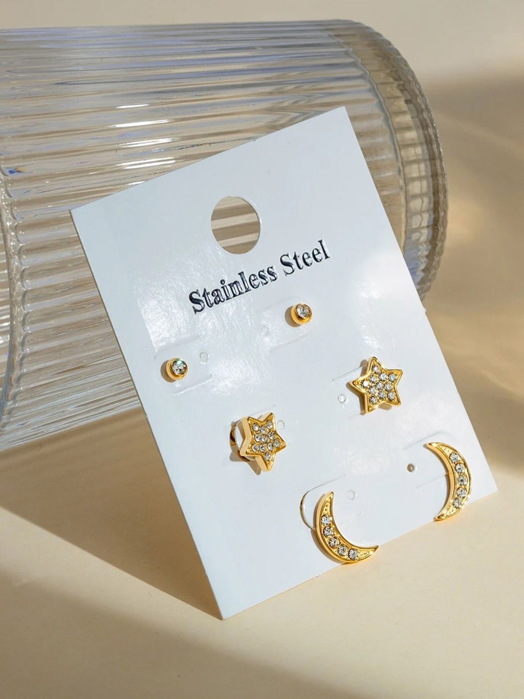 

Inaya Set Of 3 18Kt Gold Plated Contemporary Stainless Steel Cubic Zirconia Studs