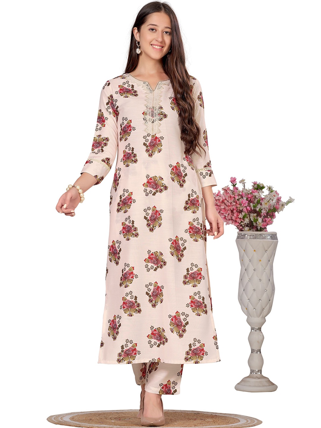 

FAB GALAXY Women Floral Printed Regular Thread Work Kurta with Trousers, Beige