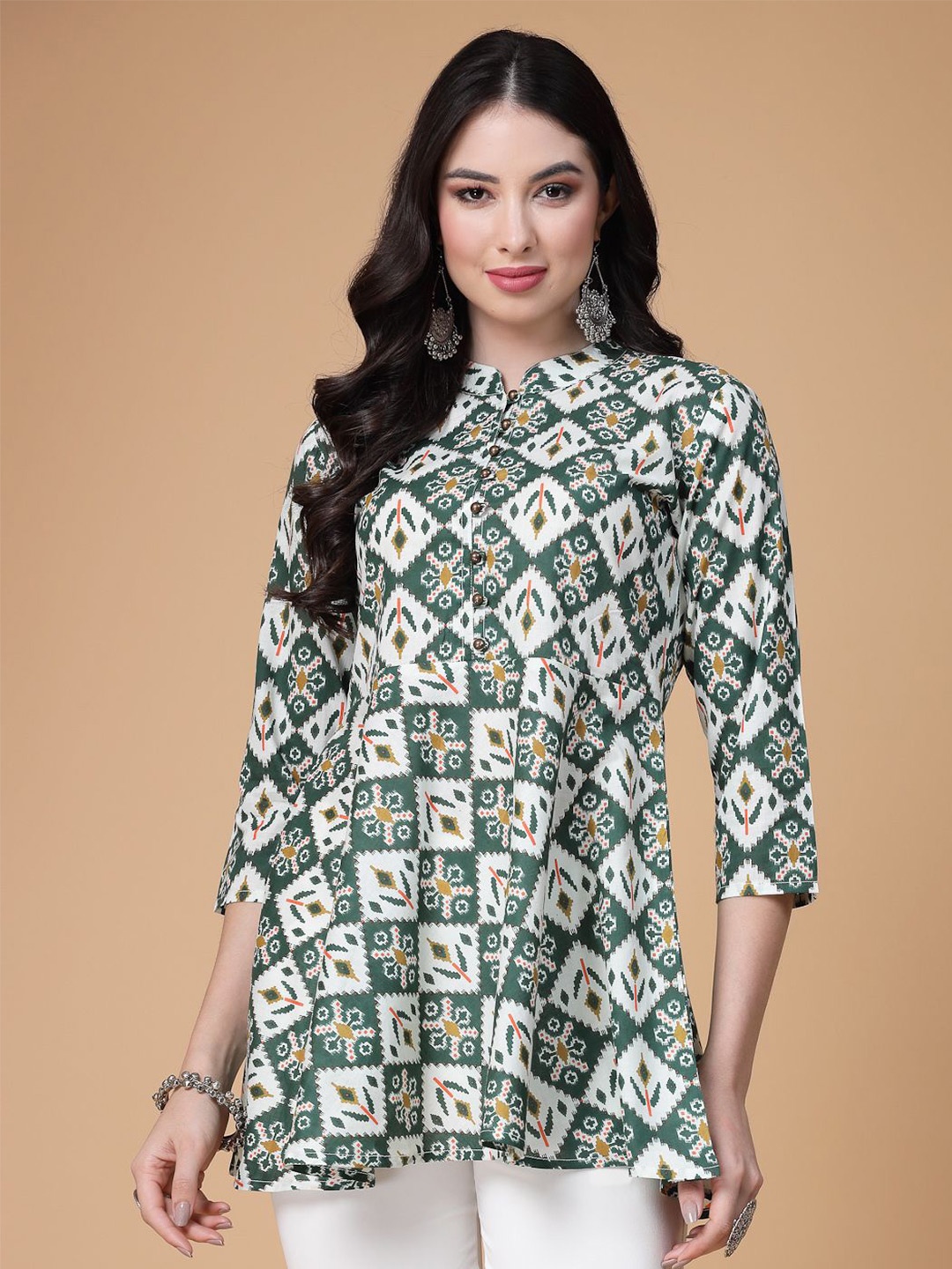 

SEVEN FLOWER Print Mandarin Collar Cotton Peplum Top, Multi