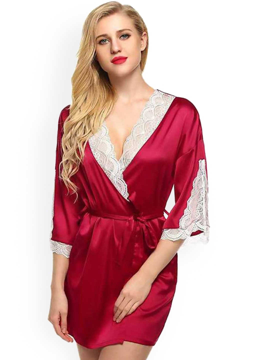 

chia fashions Satin Baby Doll With Robe, Maroon