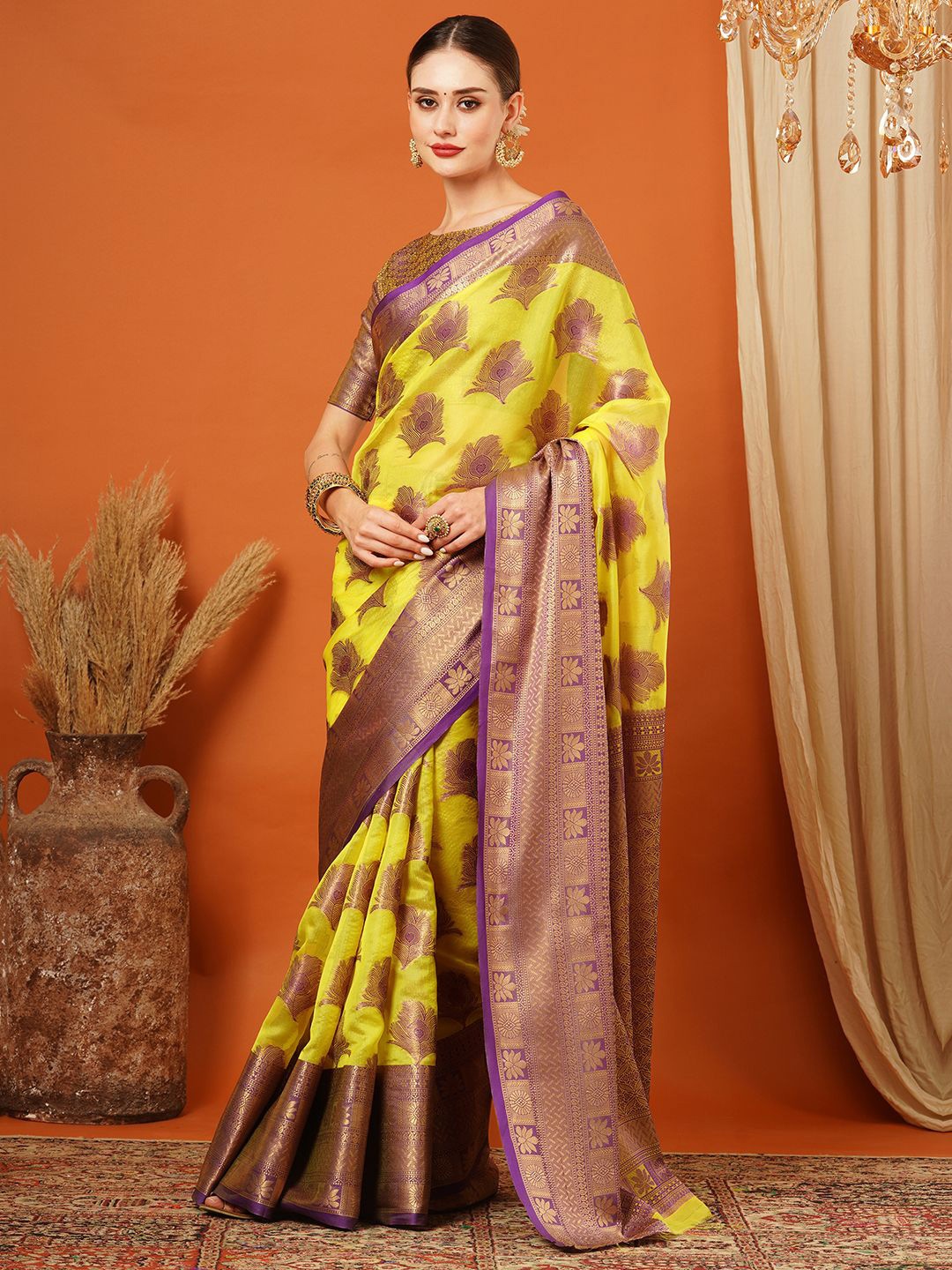 

KALINI Woven Design Zari Pure Silk Banarasi Saree, Purple