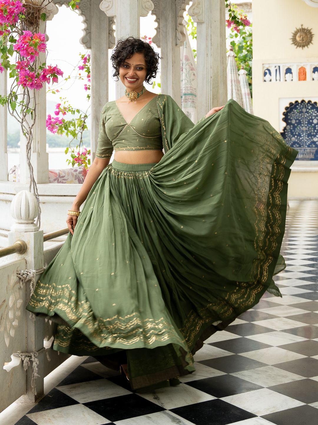 

Suta Printed Gotta Patti Pure Cotton Semi-Stitched Lehenga & Unstitched Choli With Dupatta, Green