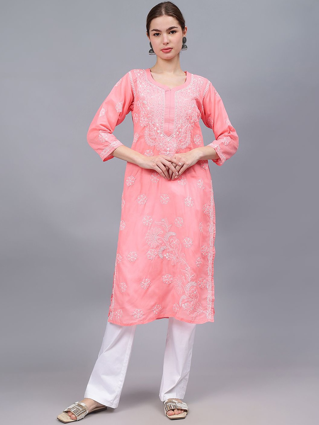 

Seva Chikan Floral Embroidered V-Neck Lucknowi Chikankari Cotton Straight Kurta, Peach