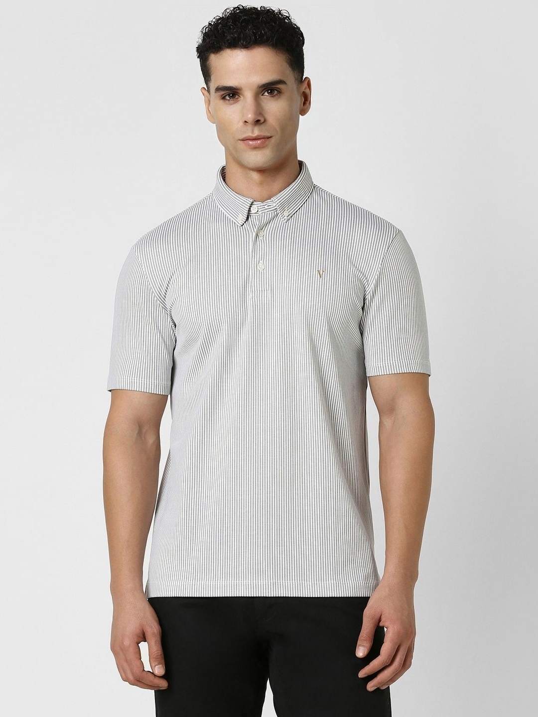 

Van Heusen Men Striped Polo Collar Pockets T-shirt, Grey