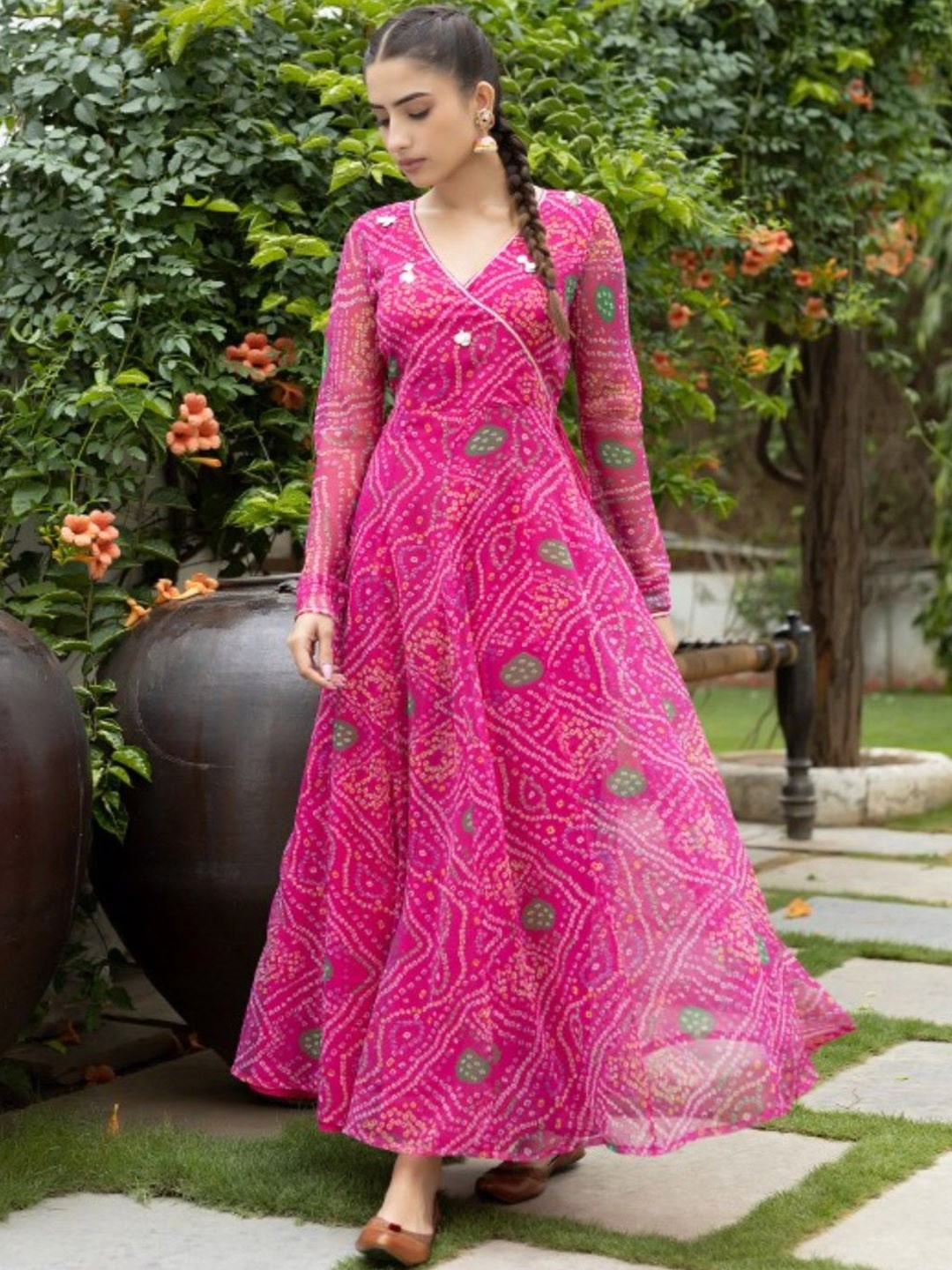 

Tulip Eden Bandhani Printed Gotta Patti Fit & Flare Maxi Ethnic Dress, Pink