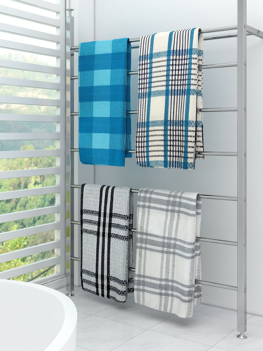 

Aura White & Blue 4 Pieces Checked Cotton 210 GSM Bath Towels