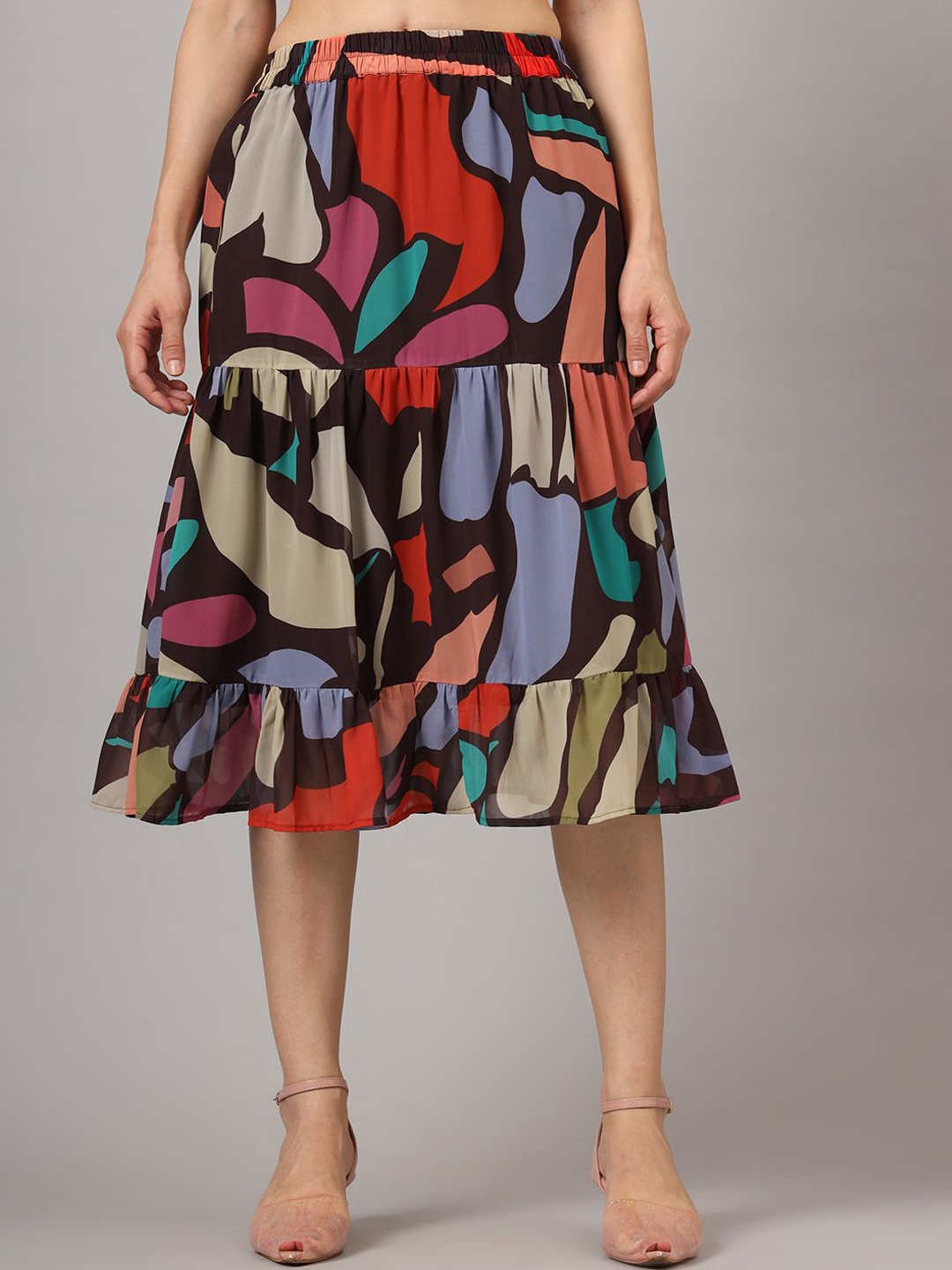 

CHARMGAL Abstract Printed Flared Midi Skirt, Maroon