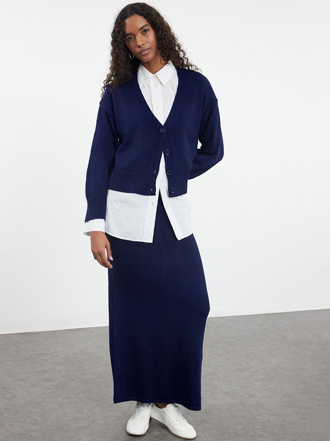 

Trendyol Self Design Acrylic Sweater With Skirt, Navy blue