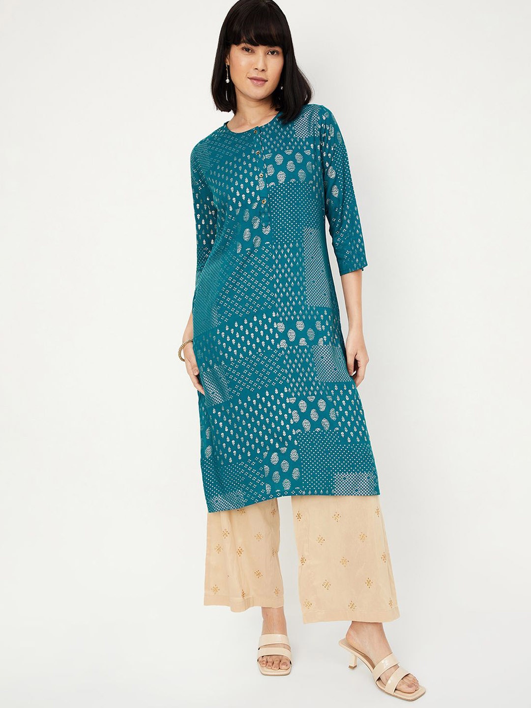 

max Floral Woven Design Straight Kurta, Blue