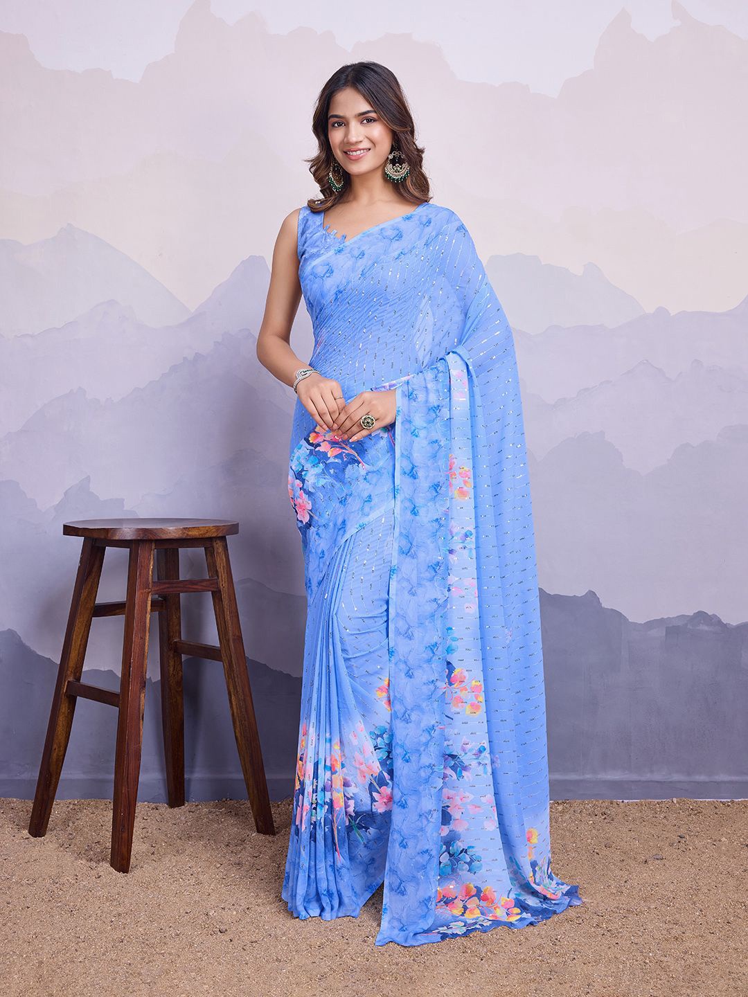 

all about you Ethnic Motifs Poly Chiffon Heavy Work Banarasi Saree, Blue