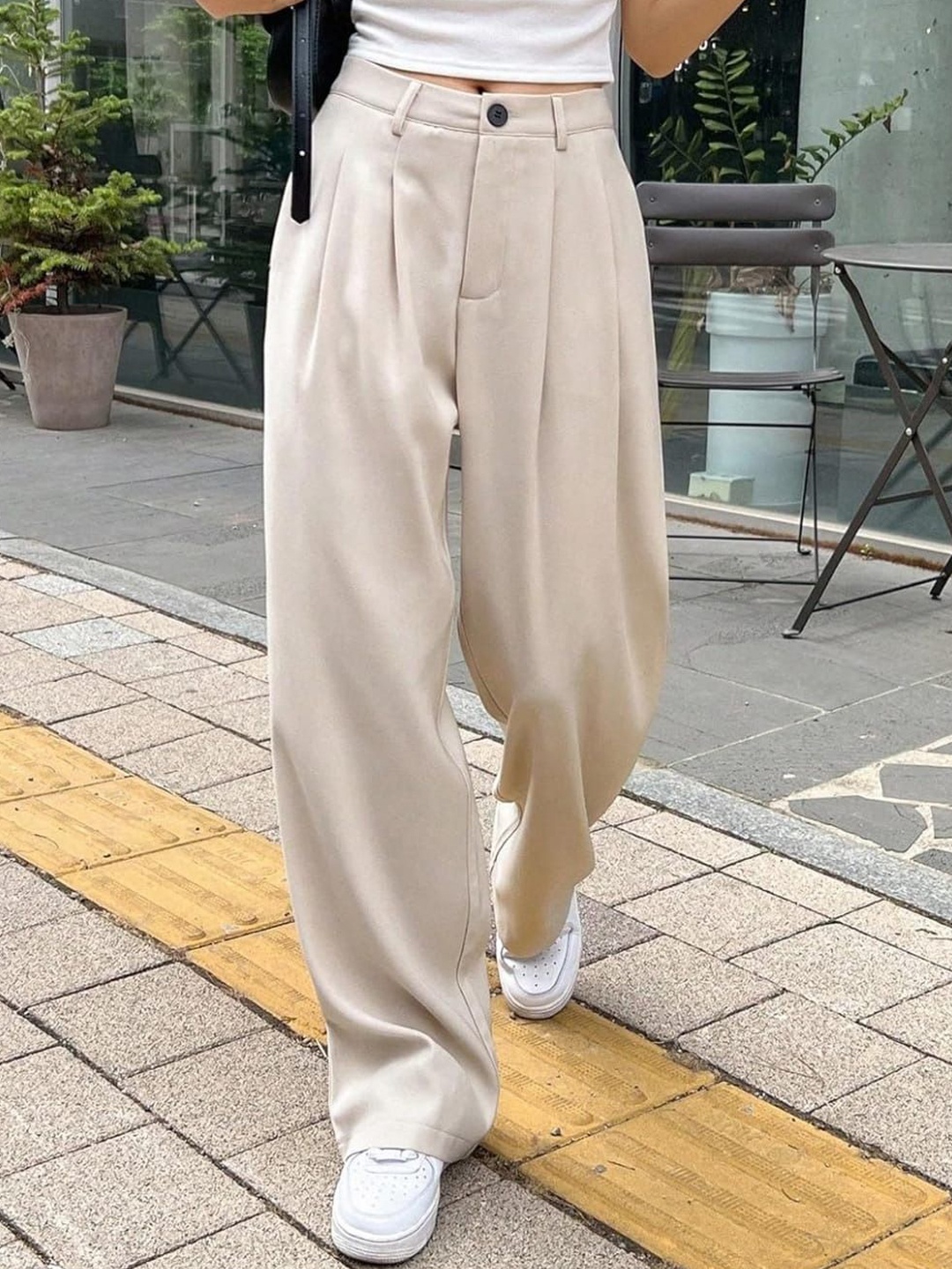 

Next One Women High-Rise Pleated Korean Trousers, Beige