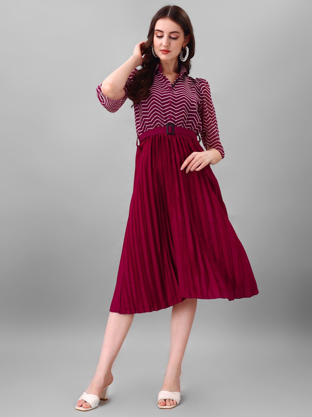 

Femvy Printed Puff Sleeve Georgette Fit & Flare Dress, Magenta