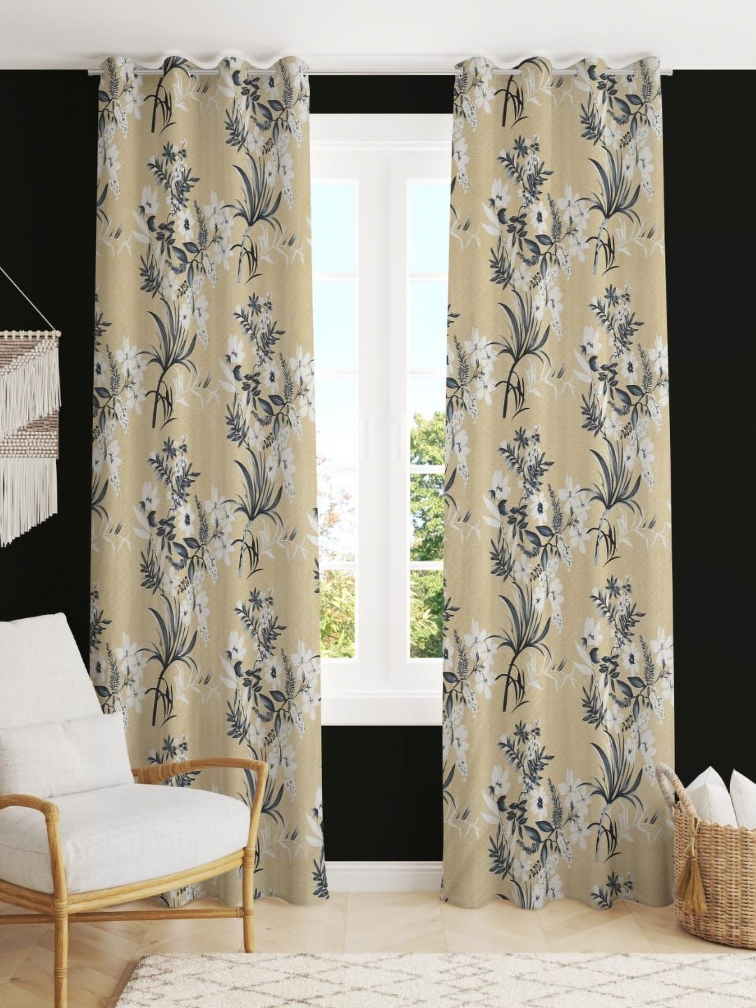

RIDHAAN Grey & Beige 2 Pieces Floral Room Darkening Long Door Curtain