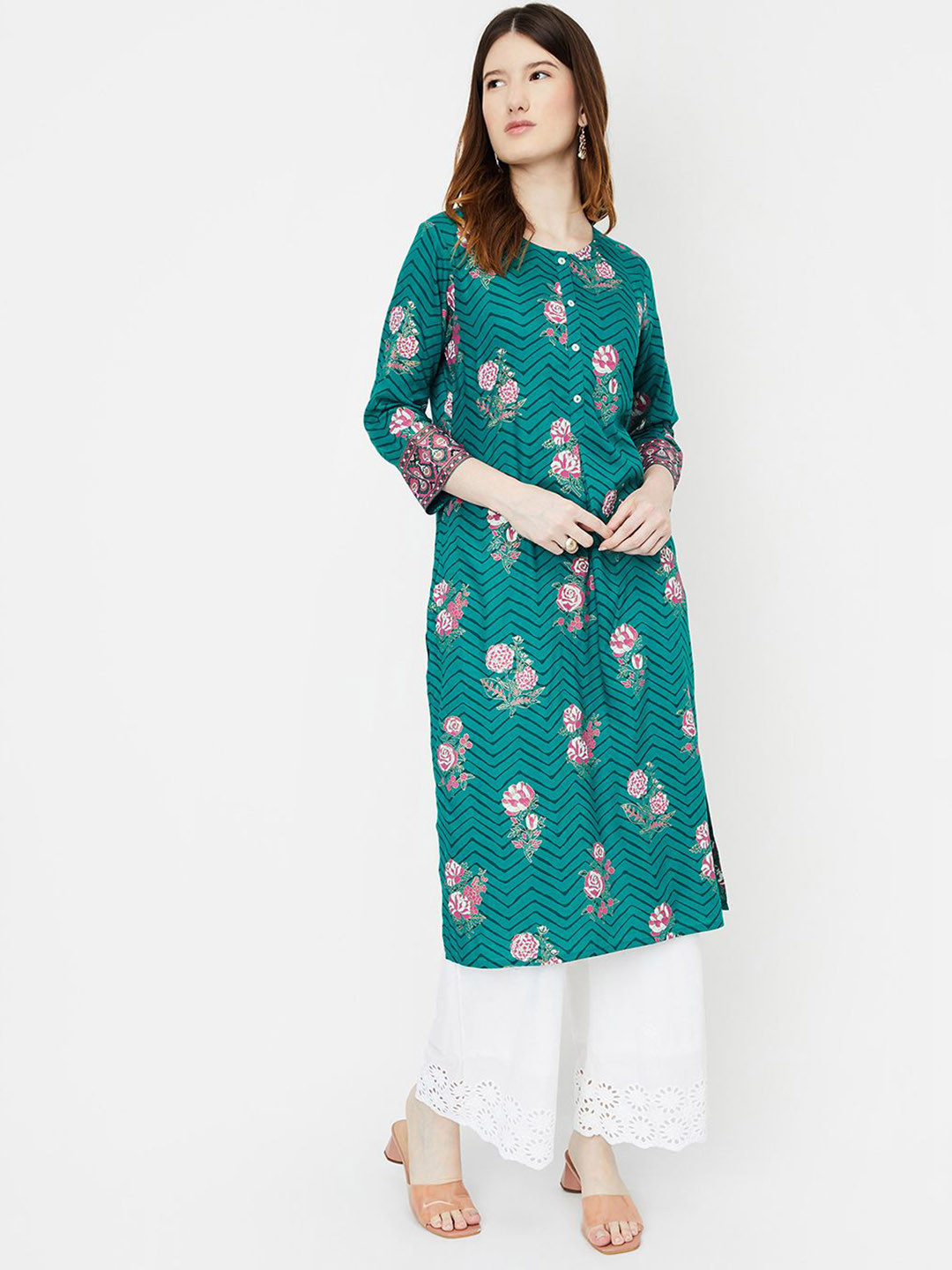 

max Floral Printed Round Neck Straight Kurta, Teal