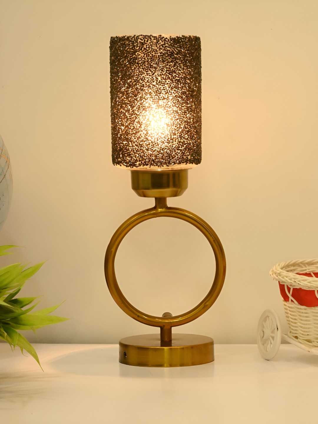 

Afast Grey & Gold Toned Textured Traditional Cylindrical Glass Table Lamp