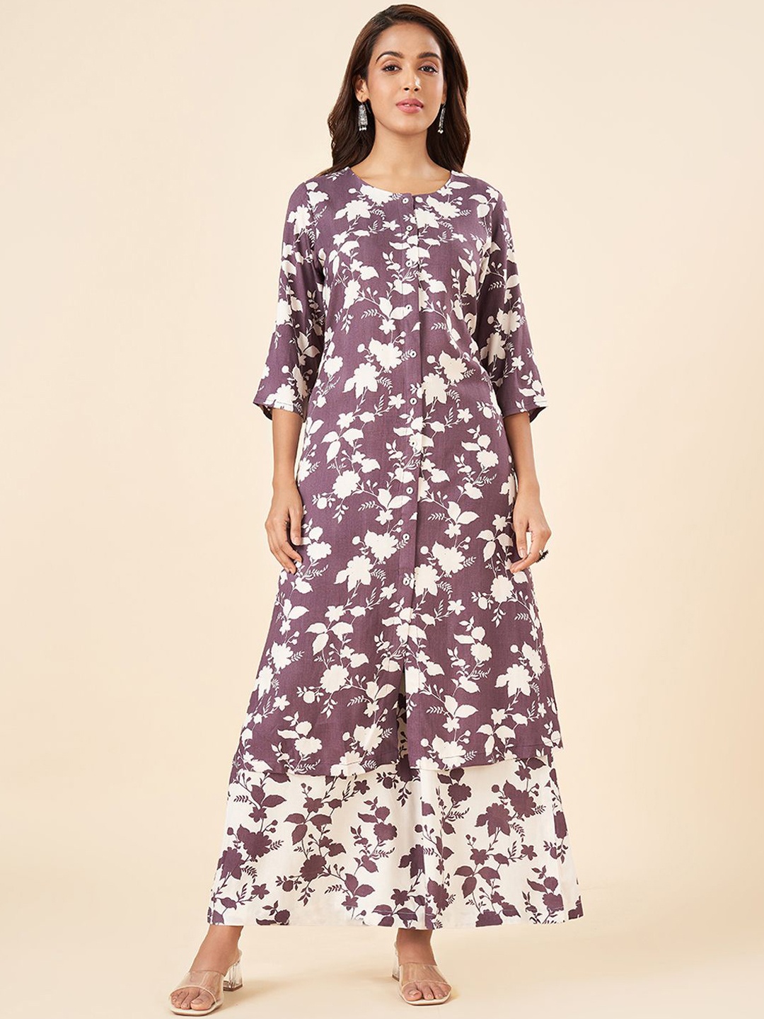 

RANGMANCH BY PANTALOONS Floral Printed A Line Kurta with Palazzos, Lavender