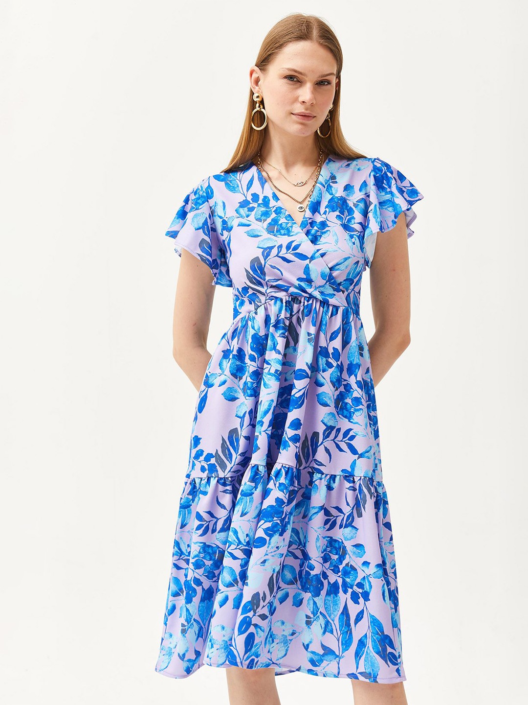 

Olalook Floral Print Flutter Sleeve Fit & Flare Dress, Blue