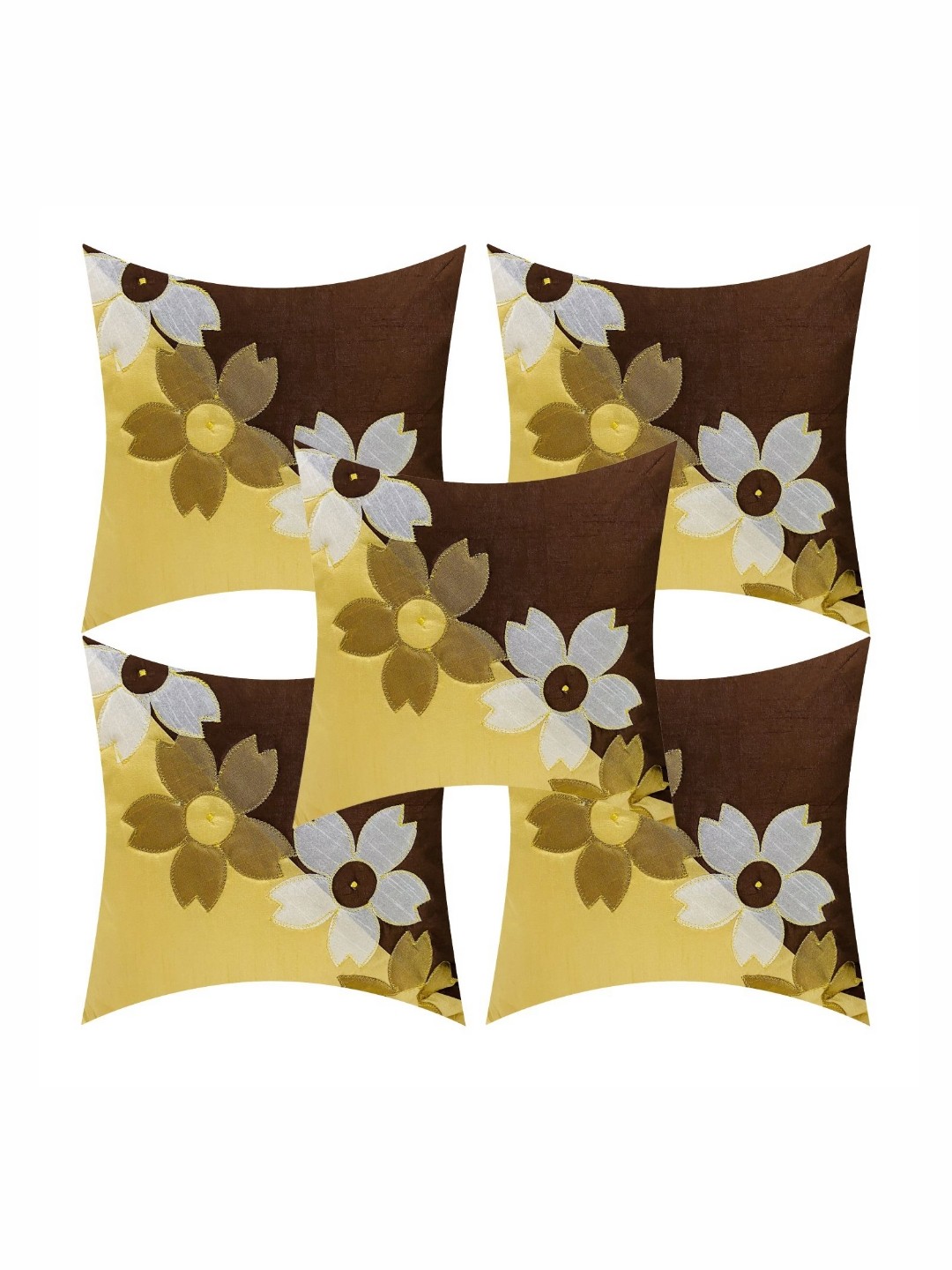 

Creeva Brown & Yellow 5 Pieces Floral Square Patchwork Cushion Covers