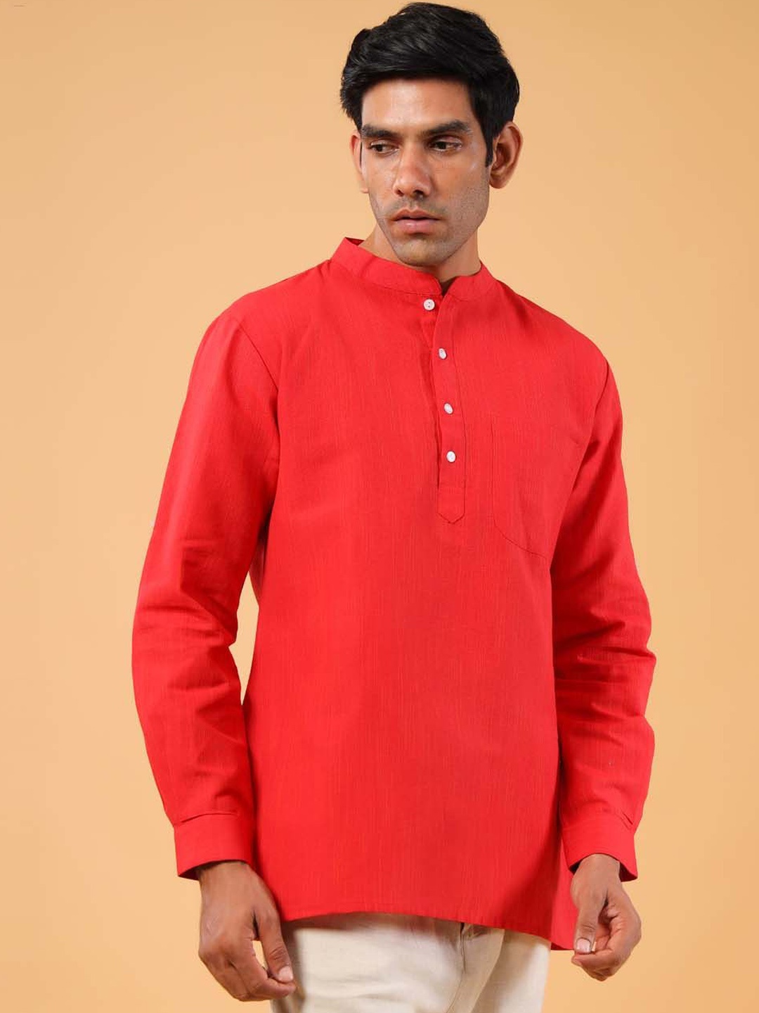 

Tistabene Mandarin Collar Cotton Straight Short Kurta, Red