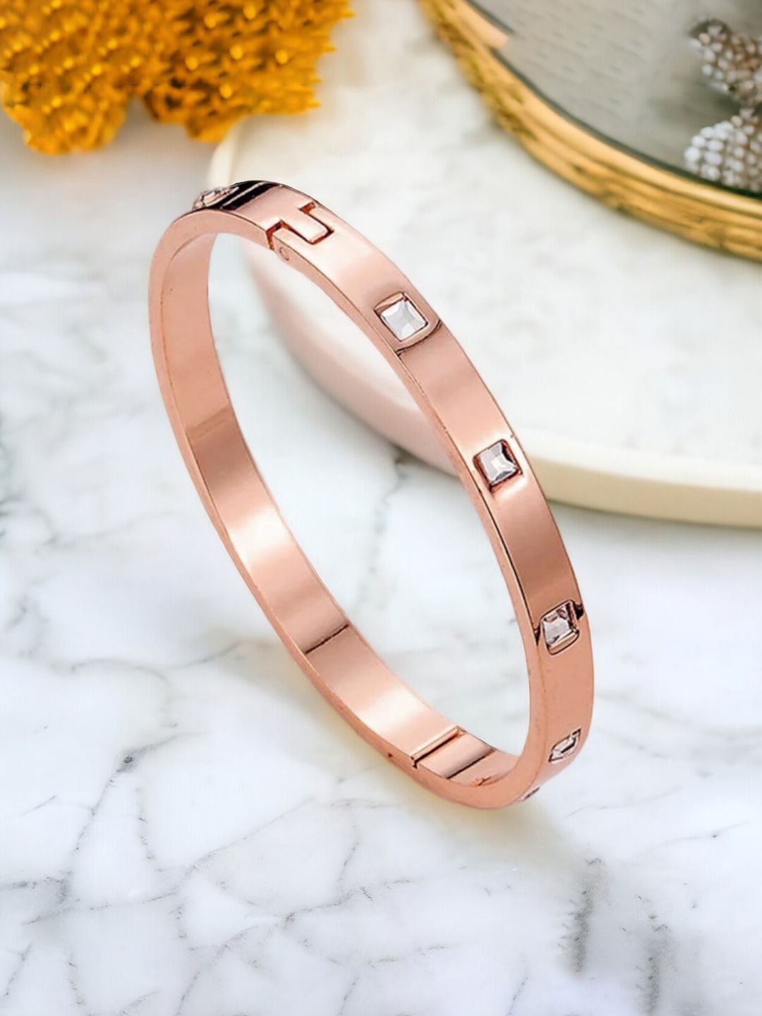 

Jewels Galaxy Rose Gold-Plated Stainless Steel American Diamond Bangle-Style Bracelet