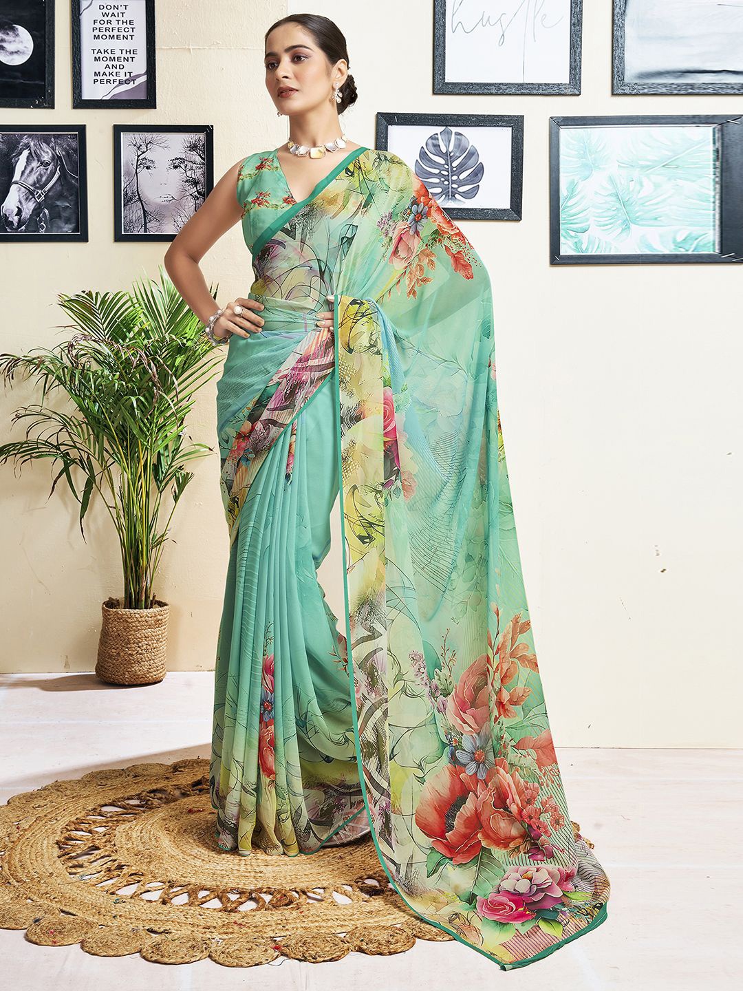 

Mitera Ethnic Motifs Pure Georgette Designer Saree, Green