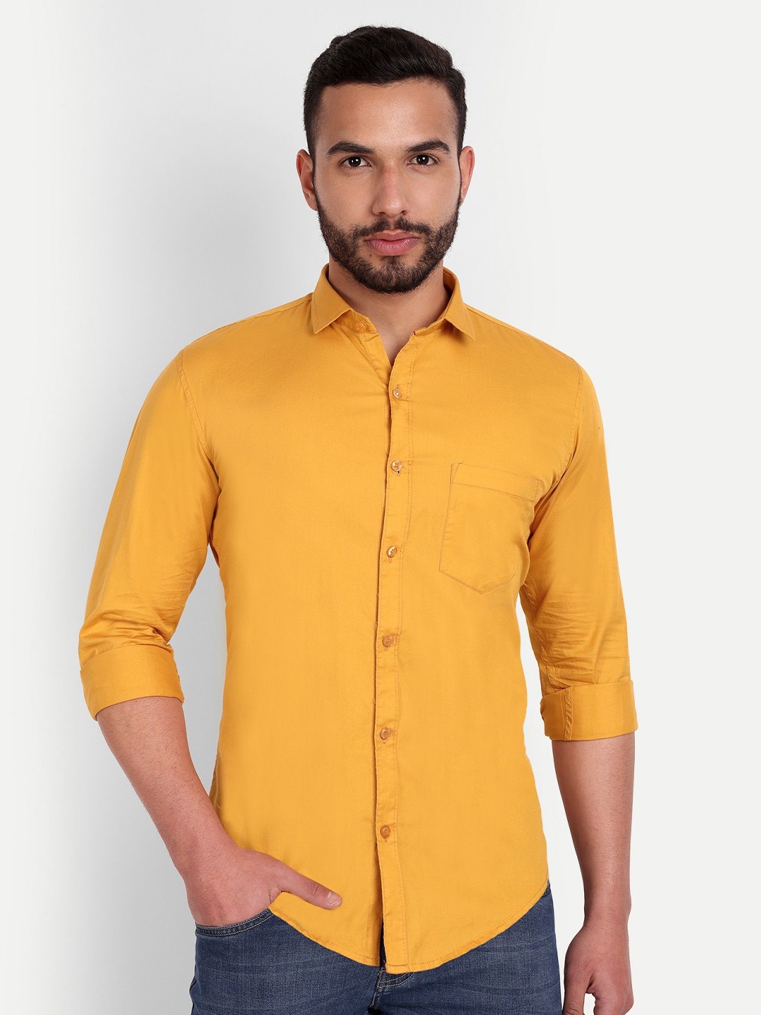 

MEGHZ Men Slim Fit Opaque Casual Shirt, Mustard