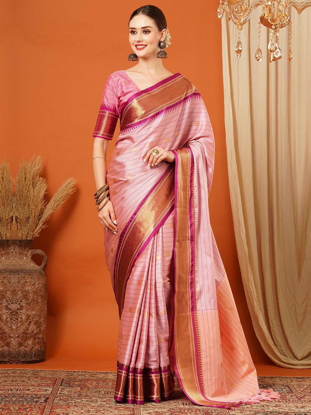 

KALINI Woven Design Zari Pure Silk Banarasi Saree, Pink