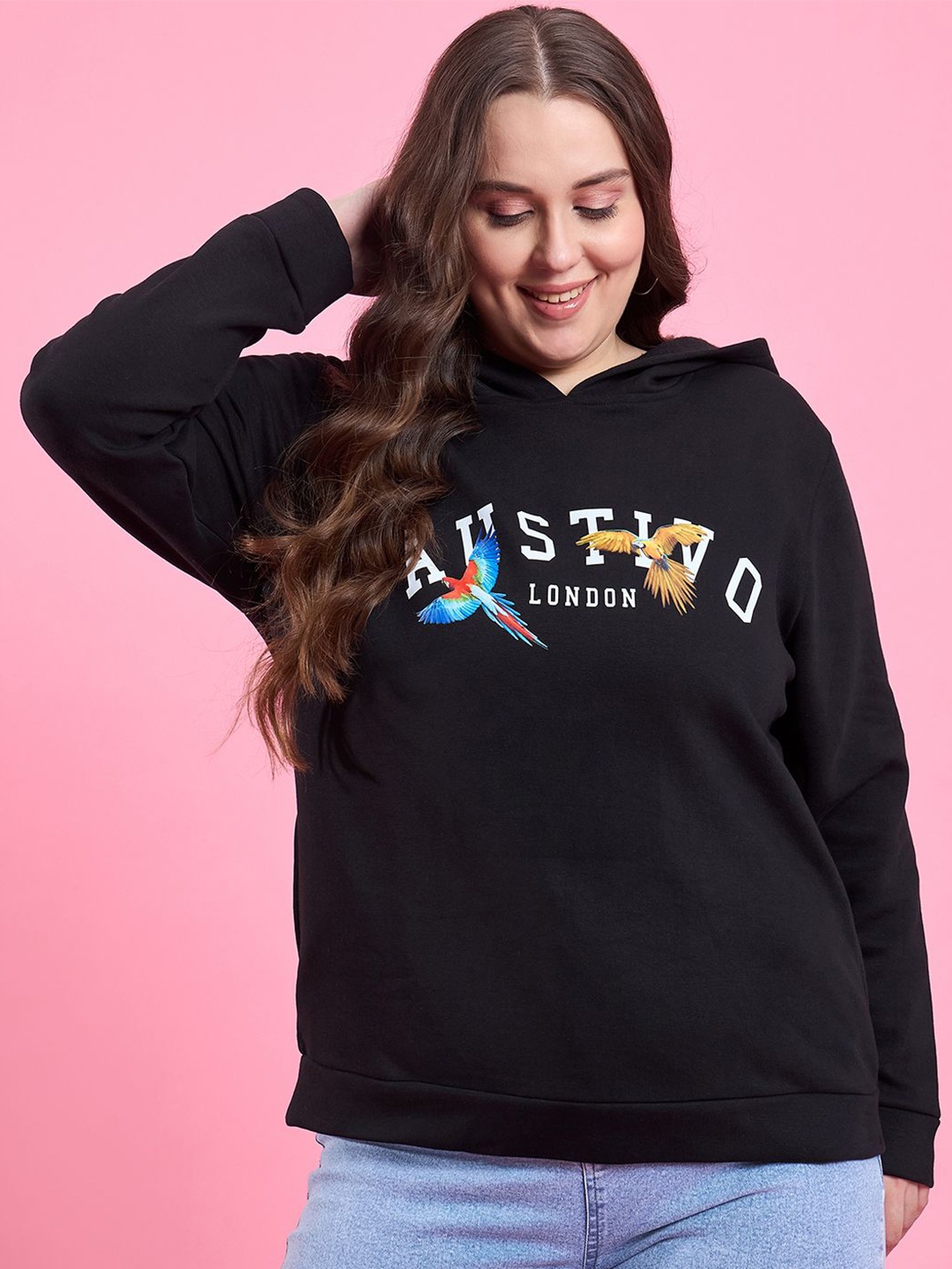 

AUSTIVO Women Printed Hooded Sweatshirt, Black