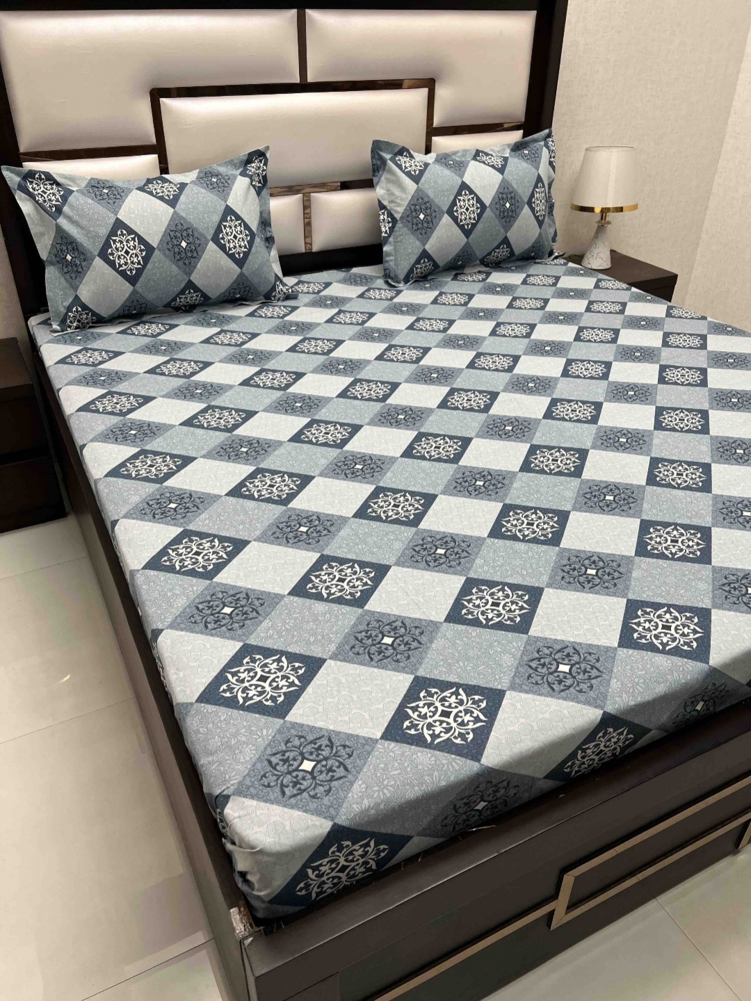 

Pure Decor Passion Blue Geometric 260 TC Pure Cotton Queen Bedsheet With 2 Pillow Covers