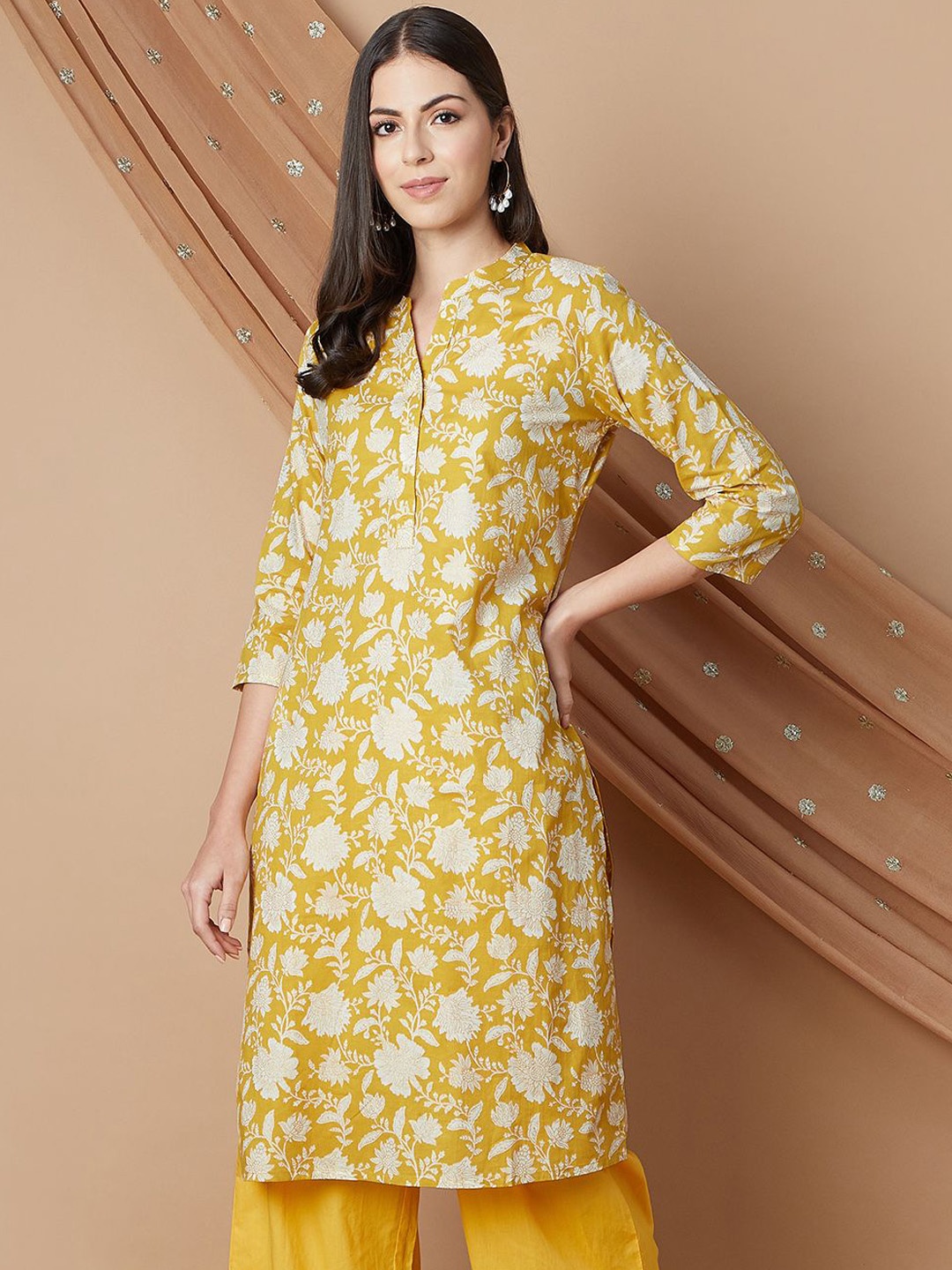 

Melange by Lifestyle Floral Printed Mandarin Collar Cotton Straight Kurta, Mustard