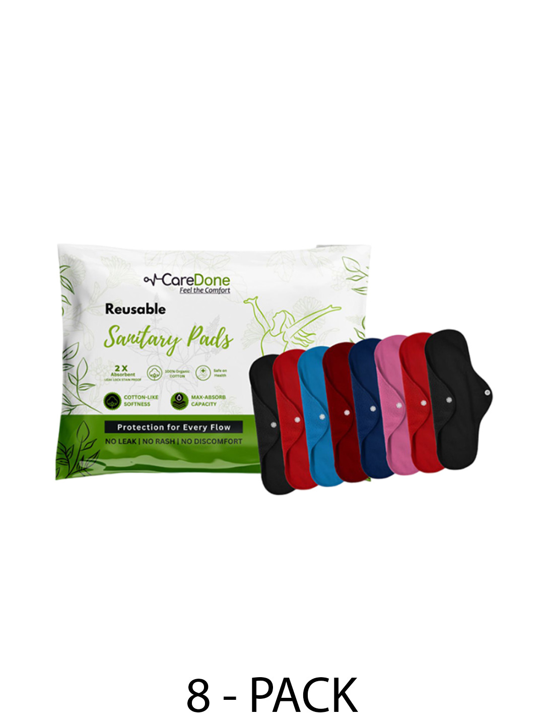 

CareDone Set Of 8 Reusable 100% Organic Cotton Sanitary Cloth Pads - XL, Red