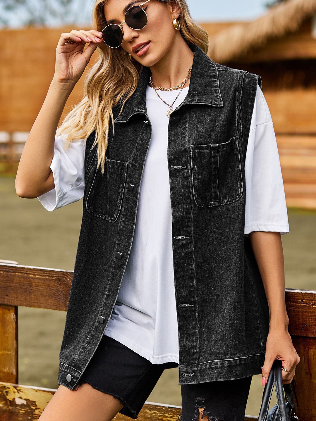 

StyleCast Women Longline Denim Jacket, Black