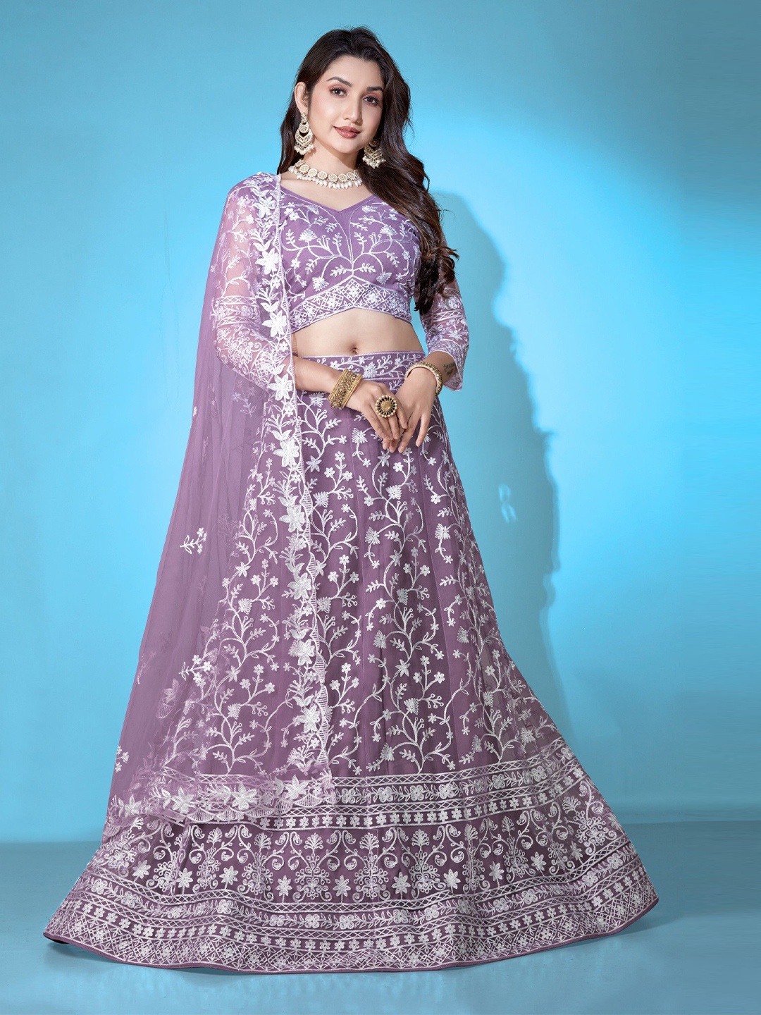 

VARNI FABRICS Embroidered Semi-Stitched Lehenga & Unstitched Blouse With Dupatta, Lavender