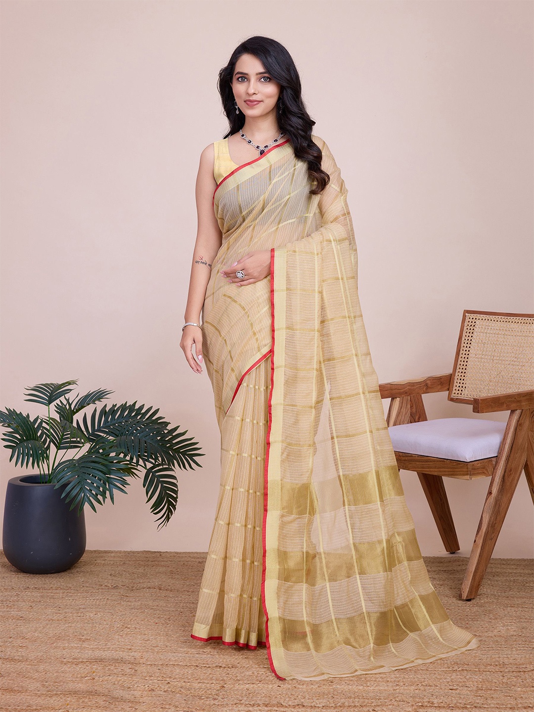 

Anjaneya Sarees Checked Zari Chanderi Saree, Beige