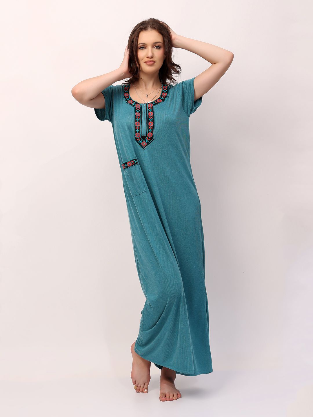 

NIGHT KEYS Everyday Embroidered Maxi Nightdress, Turquoise blue