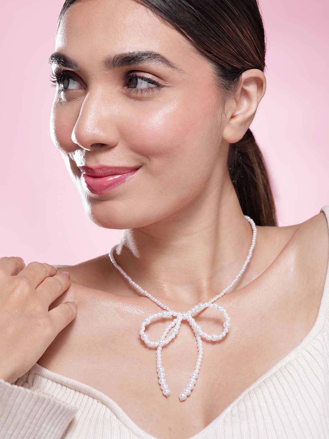 

Rubans Rhodium Plated White Pearl Beaded Necklace with Bow Design, Silver