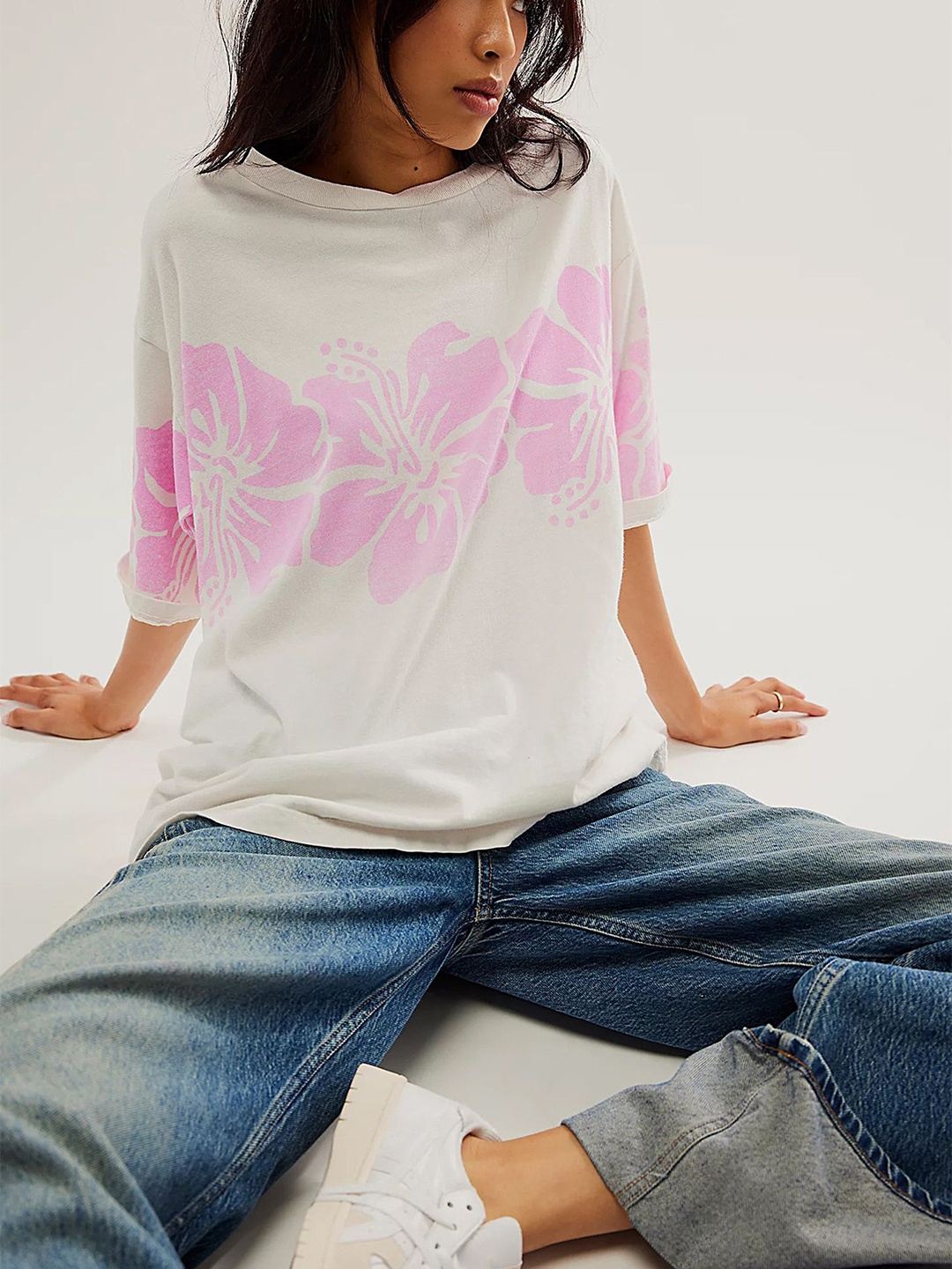 

LULU & SKY Floral Print Extended Sleeves Cotton Top, Pink