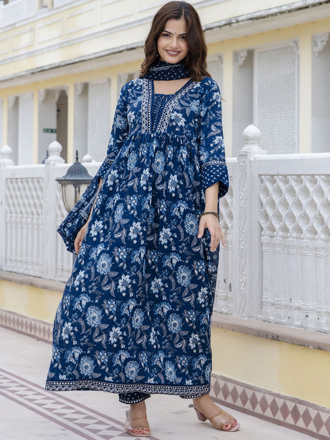 

Anouk Floral Printed Empire Mirror Work Pure Cotton Anarkali Kurta with Trousers & Dupatta, Blue