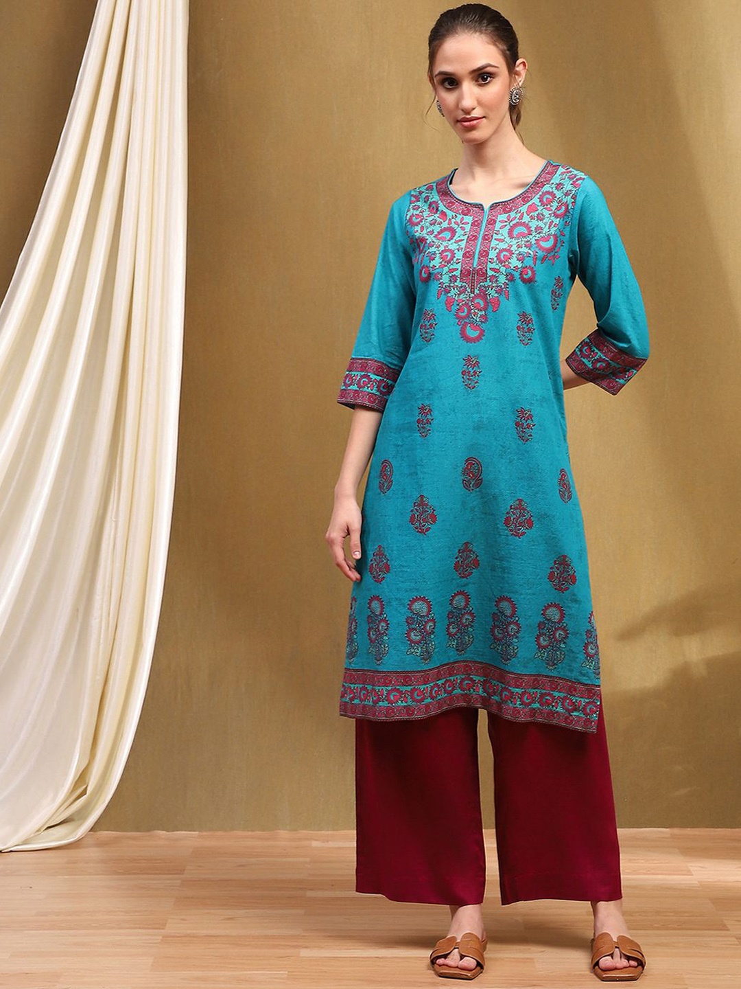 

Biba Floral Printed Cotton Straight Kurta, Blue
