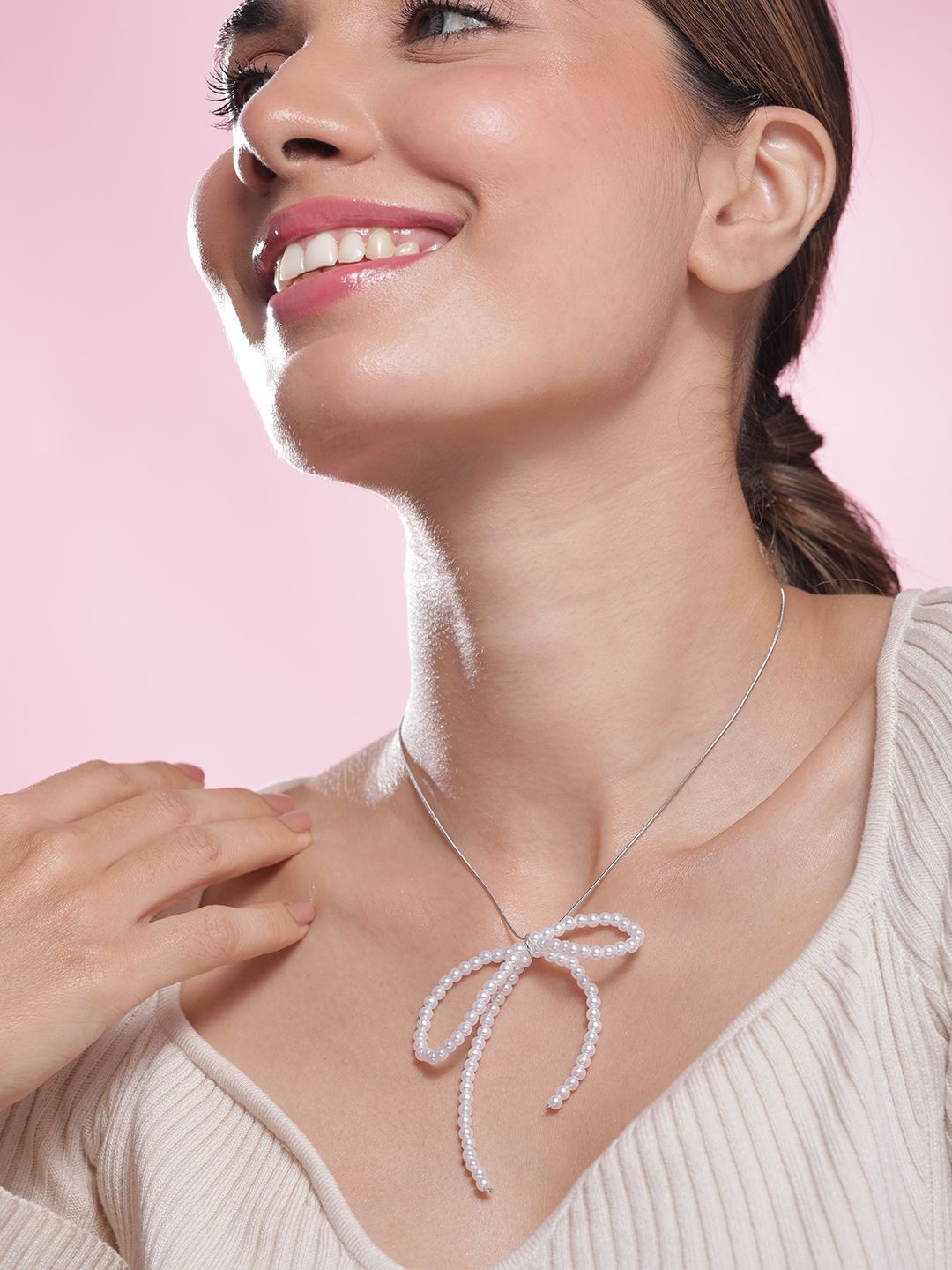 

Rubans Rhodium Plated in Silver Chain Necklace with Pearl Beads and Bow Pendant