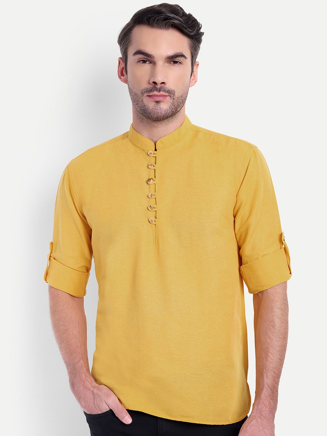 

LIFE ROADS Mandarin Collar Roll-Up Sleeves Cotton Straight Short Kurta, Yellow