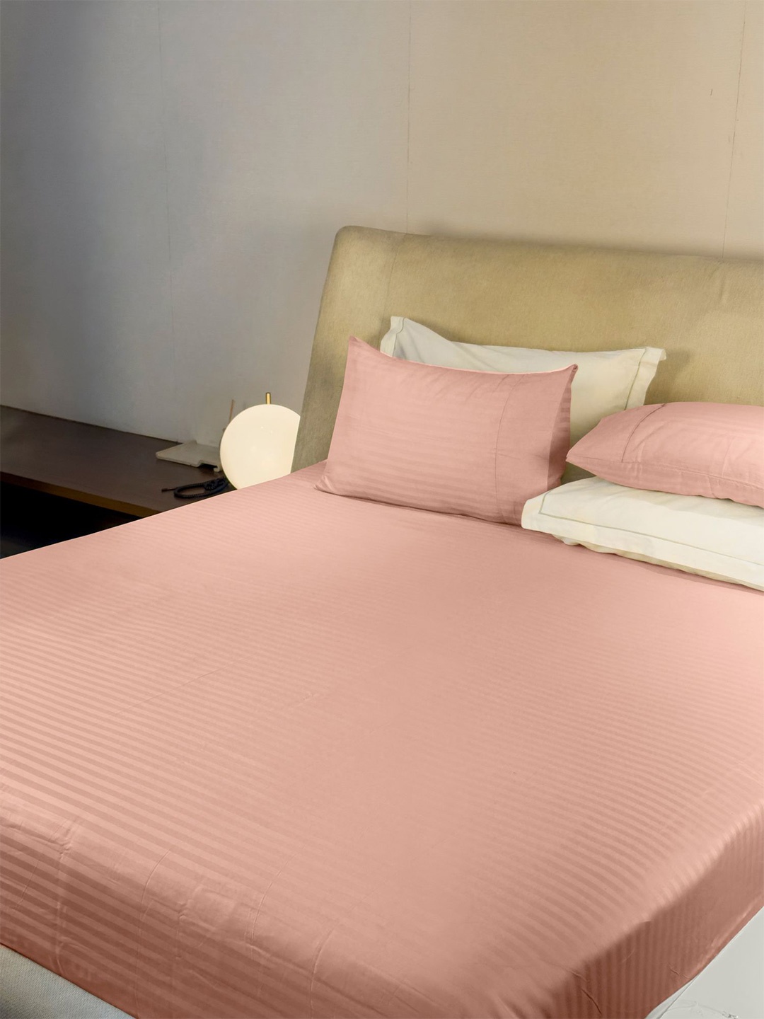 

LABHAM Simple Living Peach Striped 210 TC Satin King Bedsheet With 2 Pillow Covers