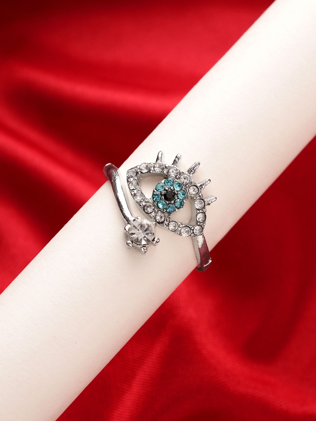 

KACY Silver-Plated CZ Stone-Studded Evil Eye Finger Ring