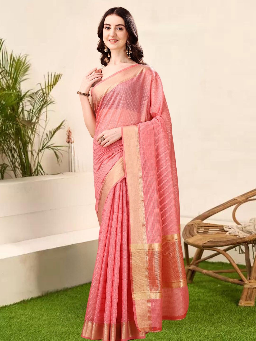 

MAGMINA Striped Zari Satin Banarasi Saree, Pink