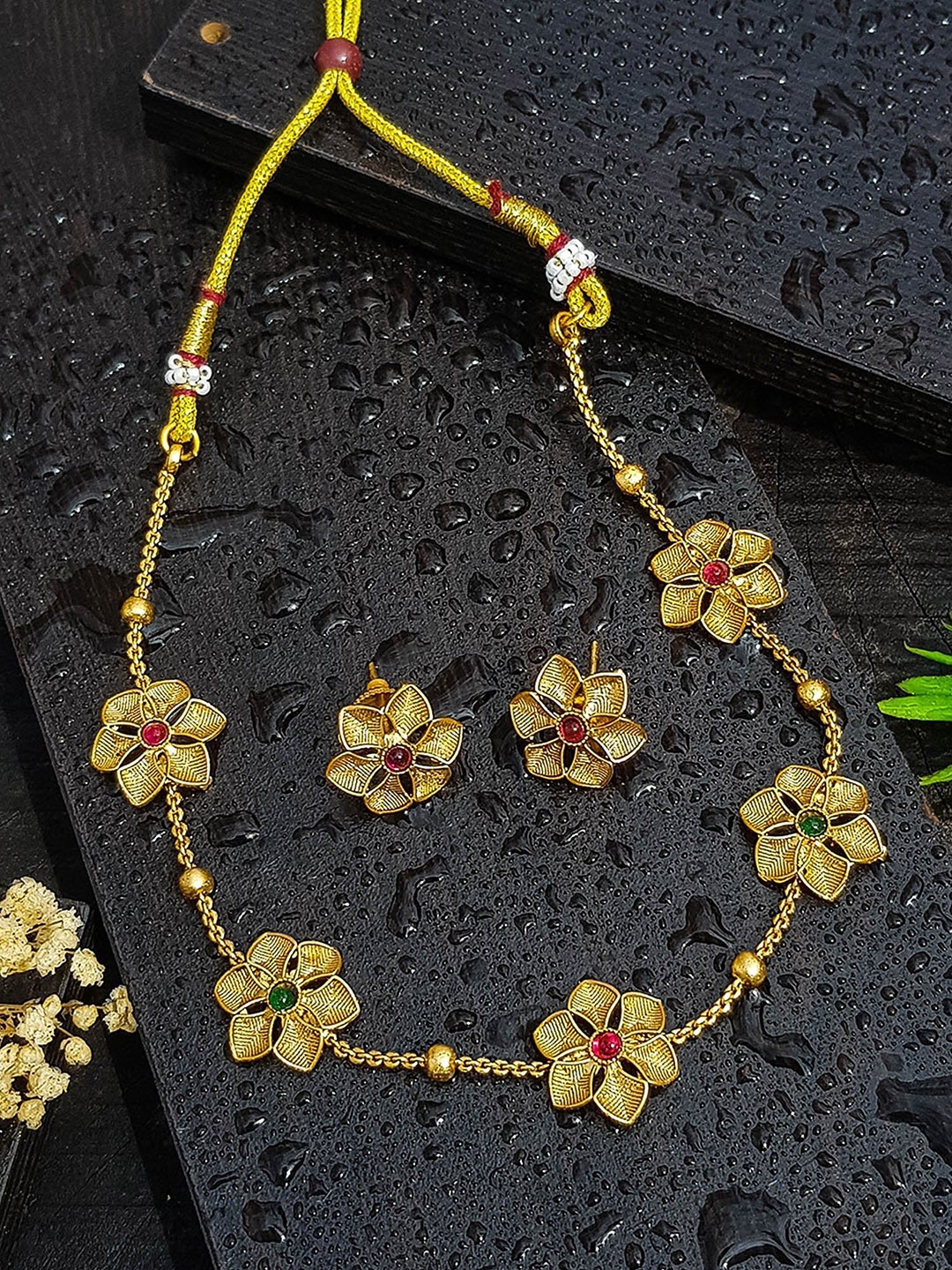 

GRIIHAM Gold-Plated American Diamond Studded Floral Jewellery Set